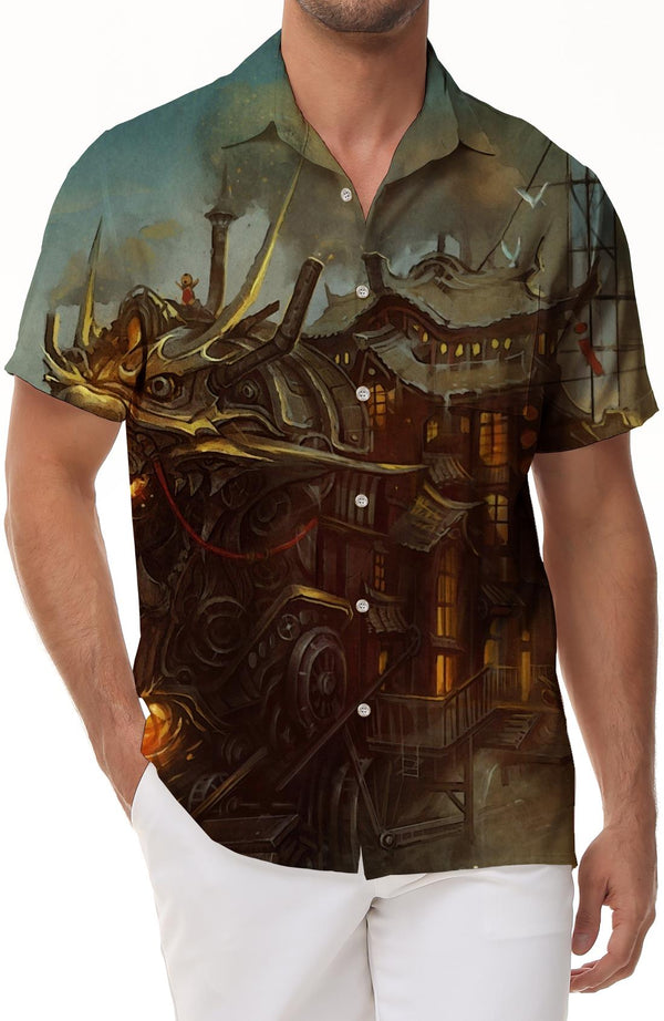 Kirin House Men's Casual Street Print Hawaiian Shirt Loose Short Sleeve Shirt Button