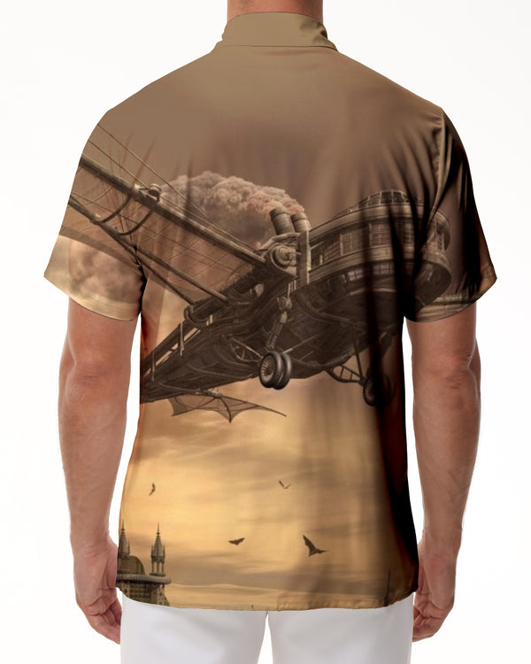 
Design retro coal spaceship rock fashion men's casual Hawaiian button lapel pocket shirt short sleeve holiday beach clothing
                