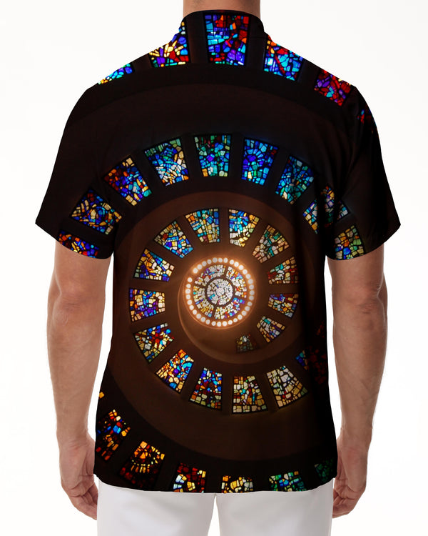 
Beautiful colorful spiral glass beach seaside fashion short sleeve regular style men's tropical Hawaiian button pocket ocean clothing style
                