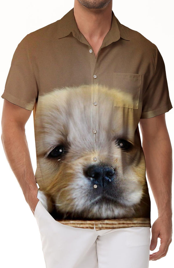 Puppy Pet Print Men's Casual Short Sleeve Button Shirt Loose Tropical Summer Beach Shirt Men