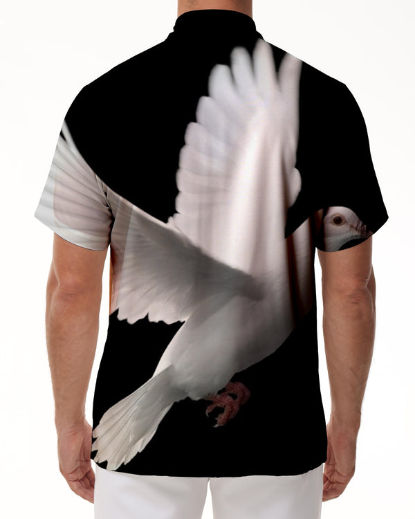 
Sky black white flying pigeon men's casual button shirt short sleeve regular style short sleeve printed shirt beach clothing
                