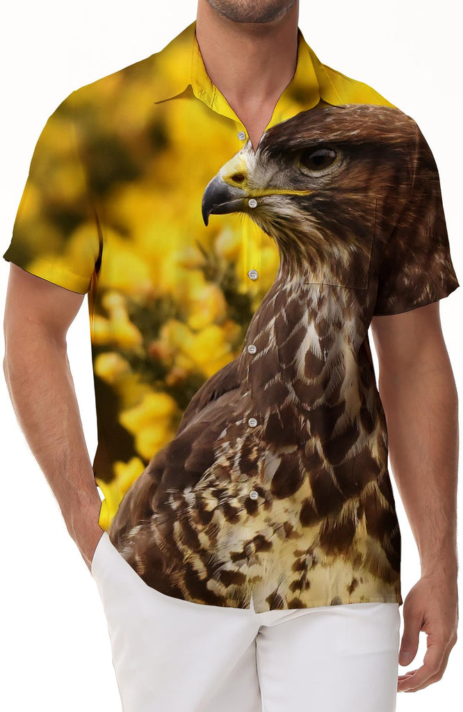 Sky King Eagle and Flower Men's Casual Button Short Sleeve Shirt with Pockets for Office Travel
