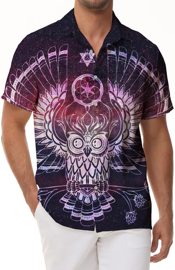 Premium Print Pattern Owl Mandala Shirt Short Sleeve Lapel Pocket Casual Fashion Short Sleeve Shirt Men
