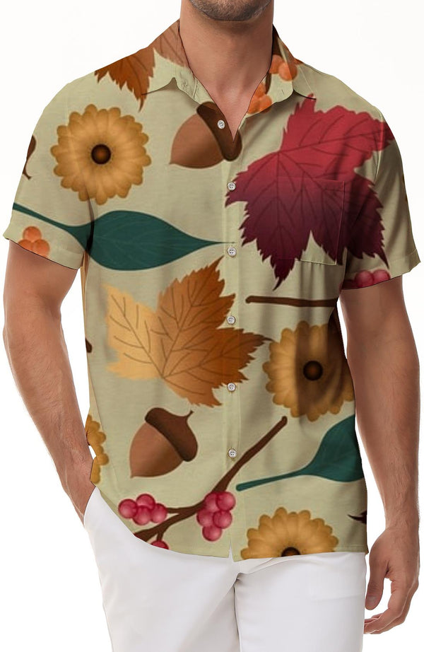 Maple Leaf Summer Fashion Men's Casual Loose Regular Short Sleeve Hawaiian Button Tie Beach Vacation Short Sleeve