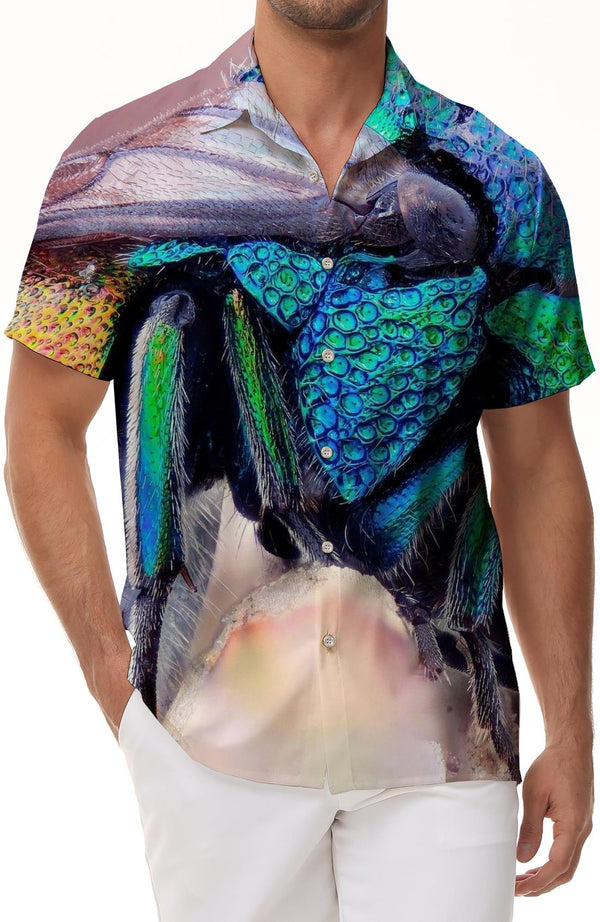 Retro Insect Hawaiian Button Lapel Short Sleeve Men's Casual Loose Vacation Leisure Collared Seaside Top