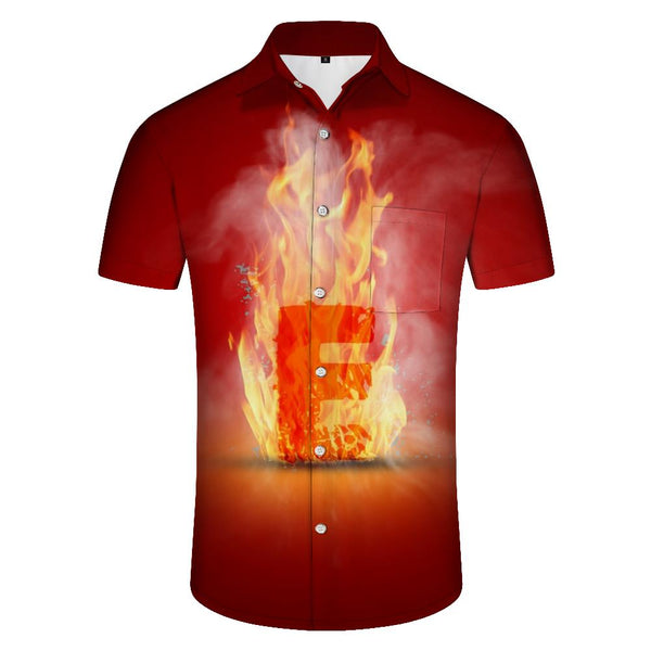 
High temperature burning E flame English letters daily street short-sleeved shirt men's loose short-sleeved casual button-down lapel pocket Hawaiian button short-sleeved shirt top
                