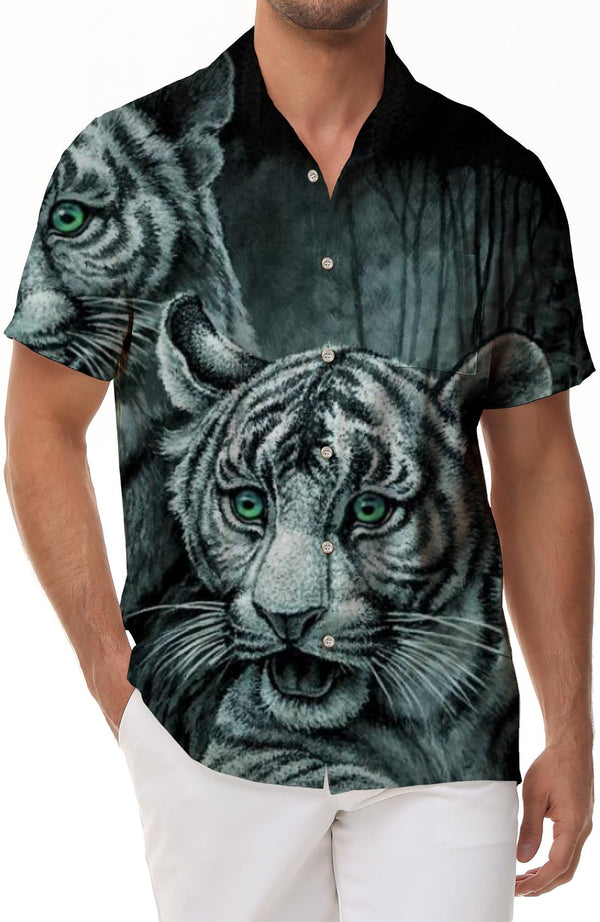 Natural forest animal tiger new short-sleeved men's versatile shirt casual button lapel summer beach gray