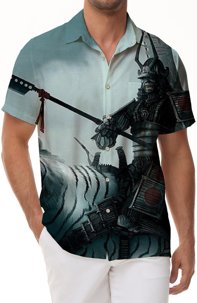 Ancient Costume Soldier White Tiger Men's Button Shirt 3D Printed Pattern Four Seasons Hawaiian Pocket Shirt Classic Edition Short Sleeve