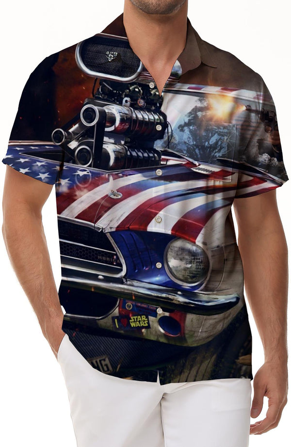 American Flag Car Battle Men's Casual Short Sleeve Shirt Short Sleeve Hawaiian Button Digital Printing Rich Pattern
