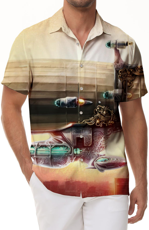 Oversized Spaceship 3D Printed Pattern Men's Short Sleeve Casual Button Shirt Fashion Tropical Shirt Hawaiian Short Sleeve Beach Party