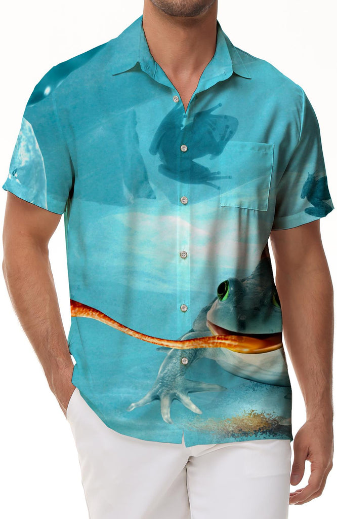 Chameleon Personality Frog Men's Cuban Collar Shirt Casual Button Shirt Short Sleeve Holiday Beach Clothing