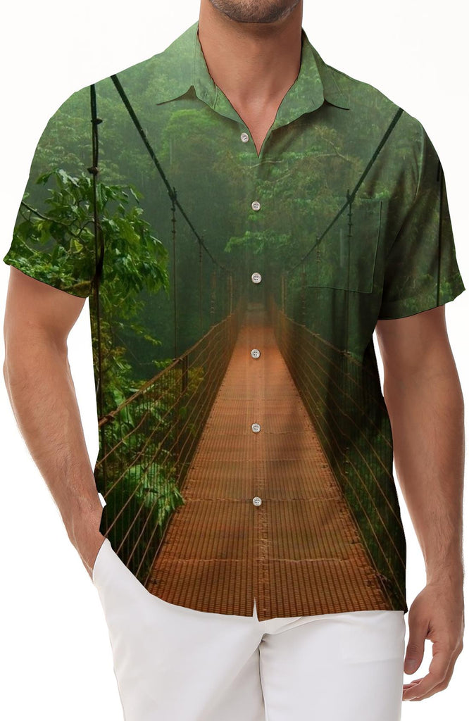 Tropical Rainforest Vintage Bridge Men's Hawaiian Lapel Pocket Button Shirt Suitable for Daily Vacation Beach Walks
