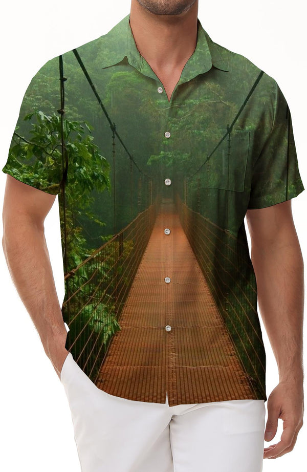 Tropical Rainforest Vintage Bridge Men's Hawaiian Lapel Pocket Button Shirt Suitable for Daily Vacation Beach Walks