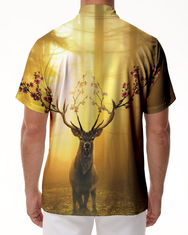
Golden Peach Blossom Antlers Men's Short Sleeve Hawaiian Print Shirt Summer Beach Button Shirt Four Seasons
                