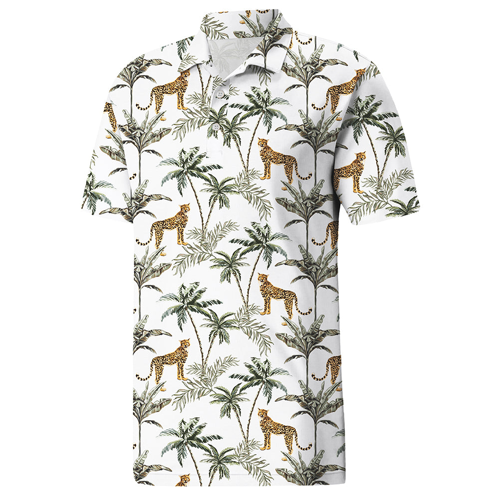 Men’s Palm Tree Print Casual Polo Shirt for Summer Vacation – Breathable Fabric, Easy Movement
