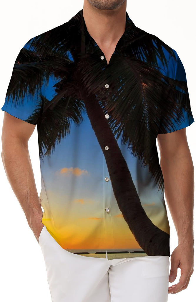 Seaside Sunset Coconut Tree Men's Shirt Hawaiian Coconut Tree 3D Printed Shirt Fashion Short Sleeve Summer Beach Men's Clothing