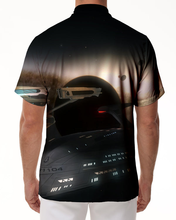 
Black hole outer space fantasy space planet and sci-fi interstellar travel starship print short sleeve shirt
                