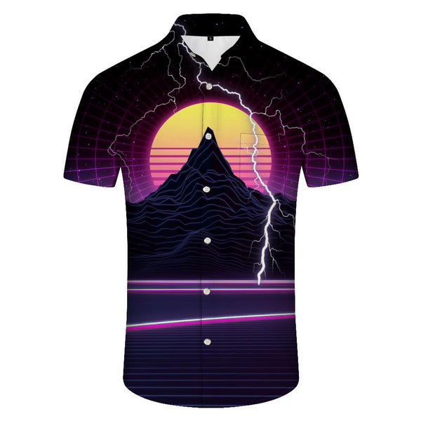 
Hills and yellow moon summer beach classic fit Hawaiian seaside vacation men's retro short sleeve shirt casual button down shirt
                