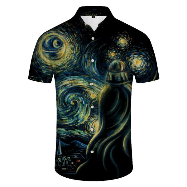 
Artistic painting digital print pattern men's casual button up tropical fashion fun Hawaiian button down lapel short sleeve shirt pocket
                