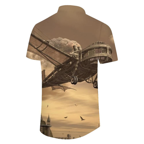 
Design retro coal spaceship rock fashion men's casual Hawaiian button lapel pocket shirt short sleeve holiday beach clothing
                