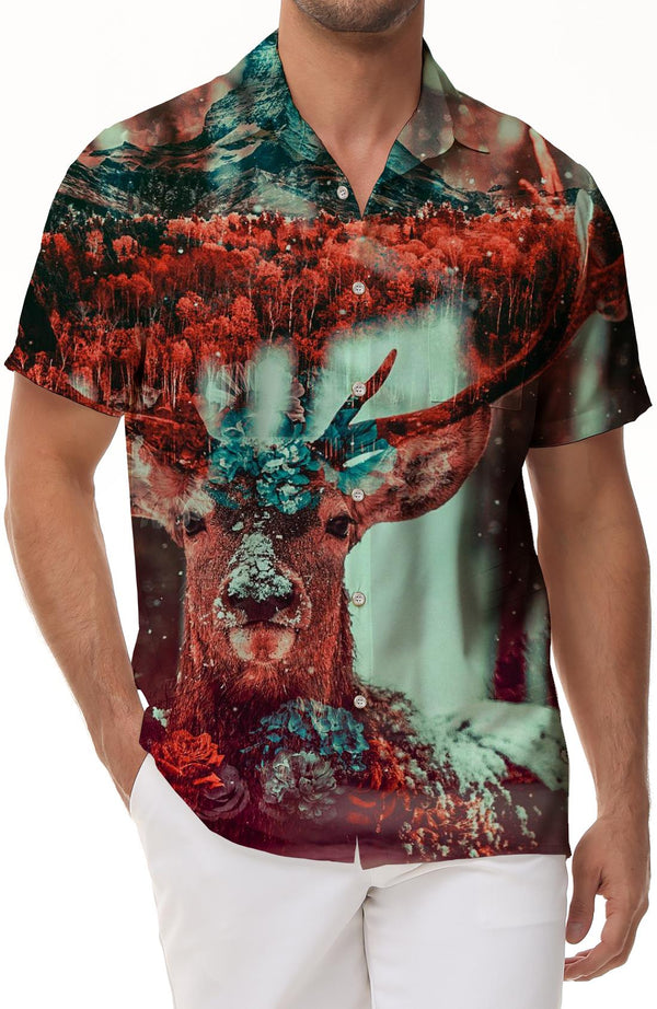 Deer in the forest at night Hawaiian shirt Men's short sleeve casual button down shirt suitable for outdoor fishing daily travel walking