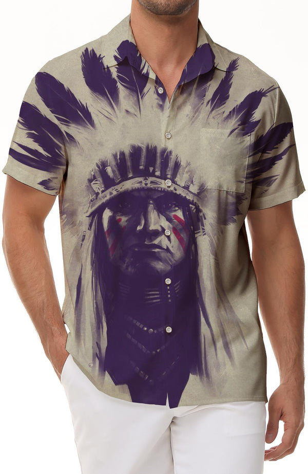 Native American Indian Men's Cuban Collar Shirt Casual Button Shirt Short Sleeve Vacation Beach