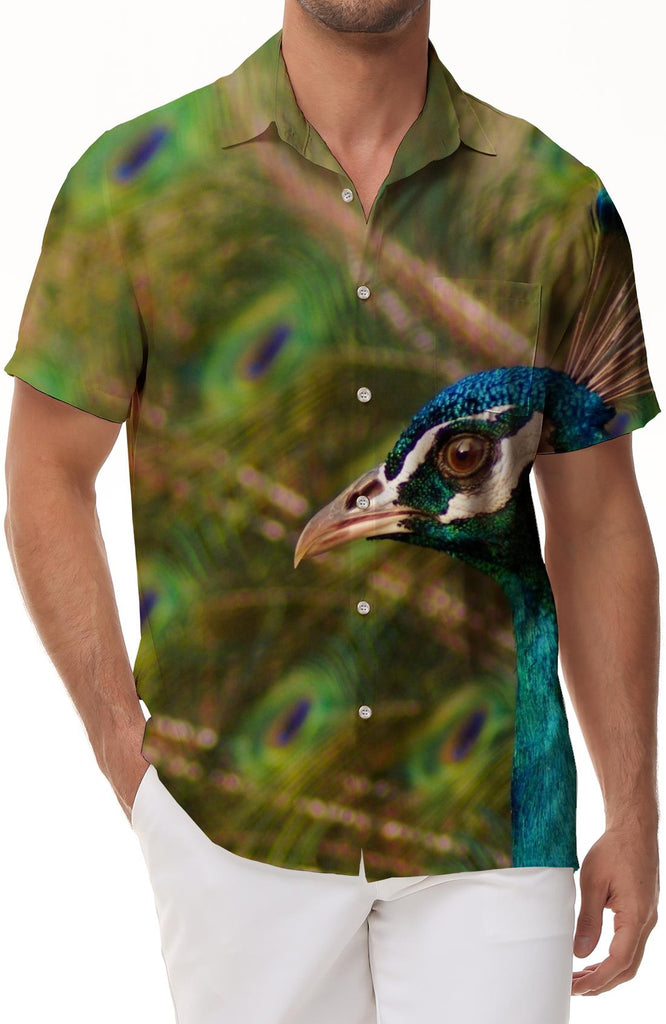Green elegant peacock feather men's loose casual short-sleeved shirt outdoor soft modern men's short-sleeved shirt outdoor fishing