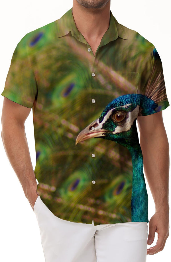 Green elegant peacock feather men's loose casual short-sleeved shirt outdoor soft modern men's short-sleeved shirt outdoor fishing