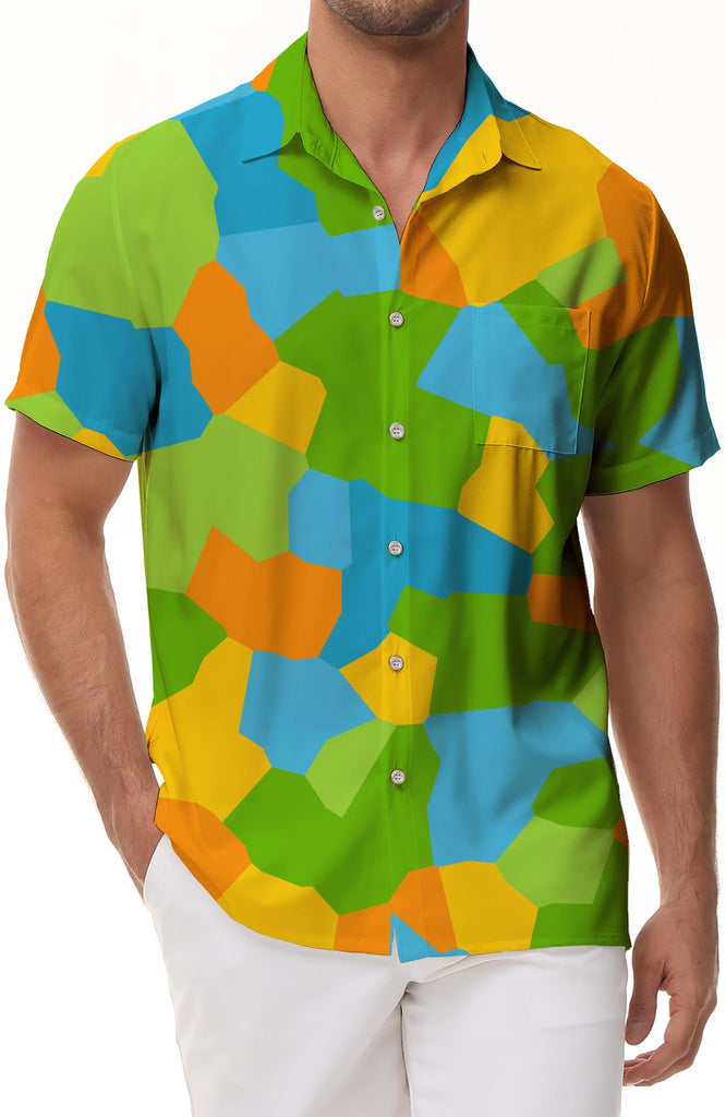 Bohemian psychedelic color square men is Cuban collar shirt casual button shirt short sleeve vacation beach
