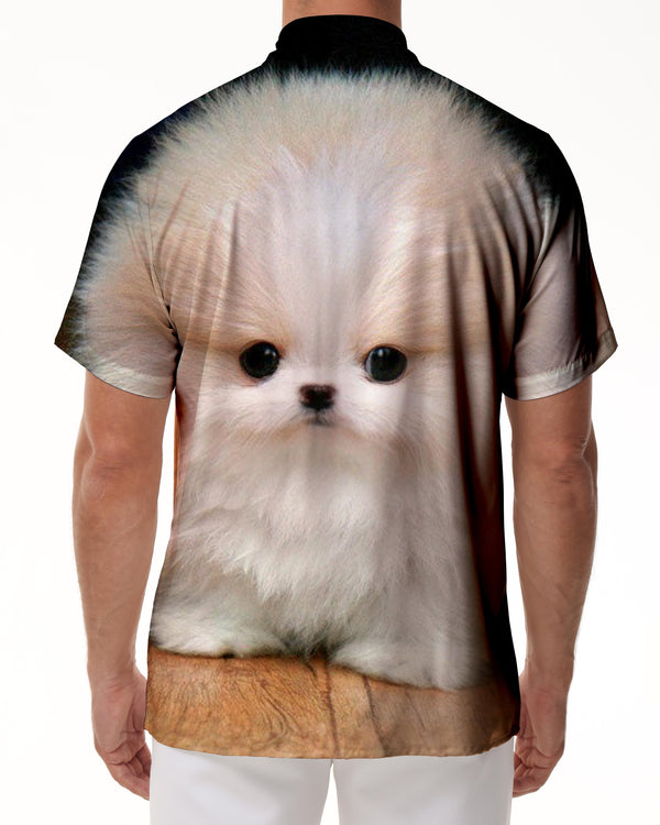 
White frizzy cute puppy men's button-down fashion style Hawaiian button-down novelty short-sleeved shirt animal
                