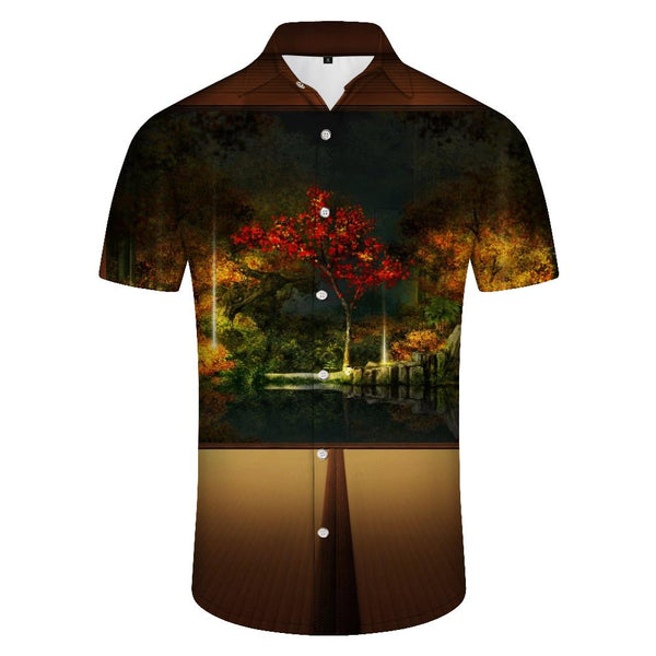 
Season Forest Cabin Men's Hawaiian Shirt Autumn Short Sleeve Button Summer Beach Casual Shirt
                
