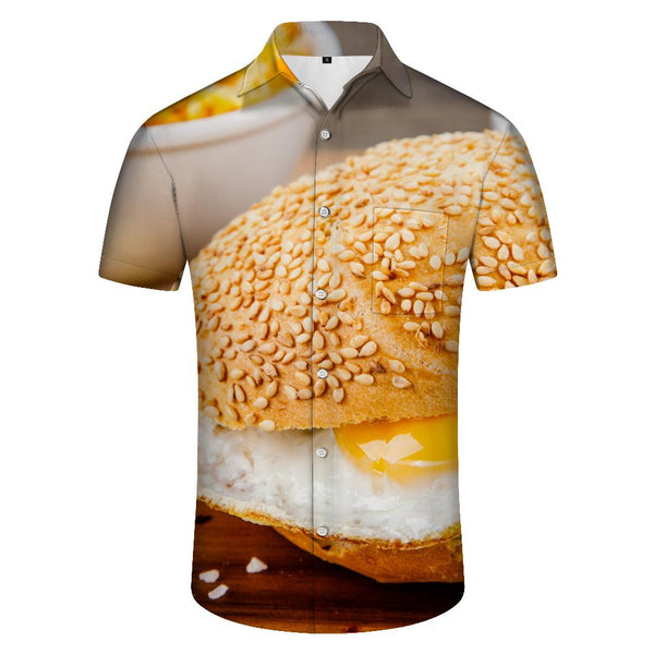 
Breakfast version of egg burger Hawaiian tropical beach shirt seaside short-sleeved summer men's fashion short-sleeved shirt 3d digital printing pattern
                