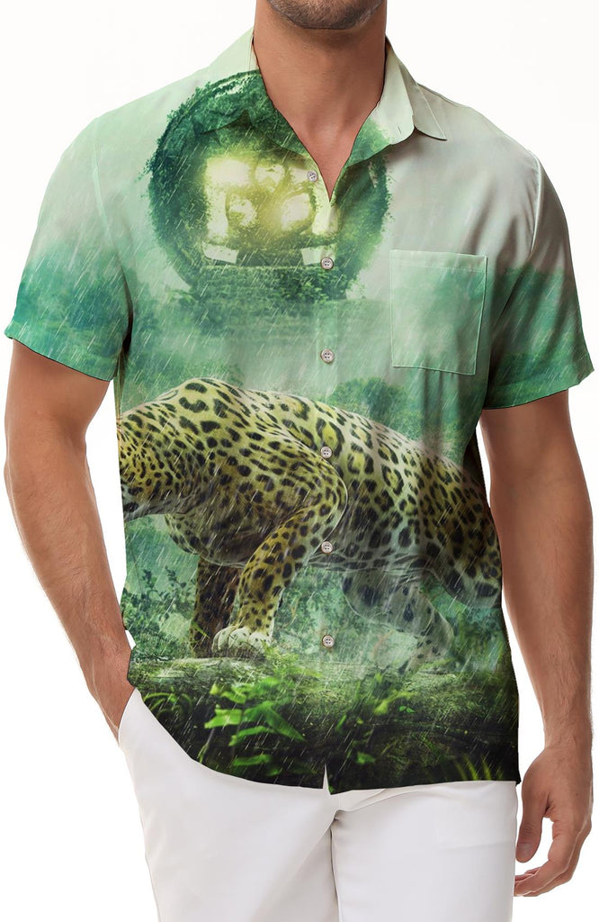 Leopard Print Men's Casual Button-Down Shirt Short Sleeve Summer Beach Shirt Tops
