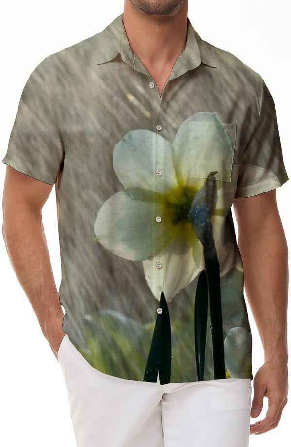 Daffodil White Flowers Men's Casual Vintage Shirt Short Sleeve Button Hawaiian Shirt Summer Casual Beach Shirt