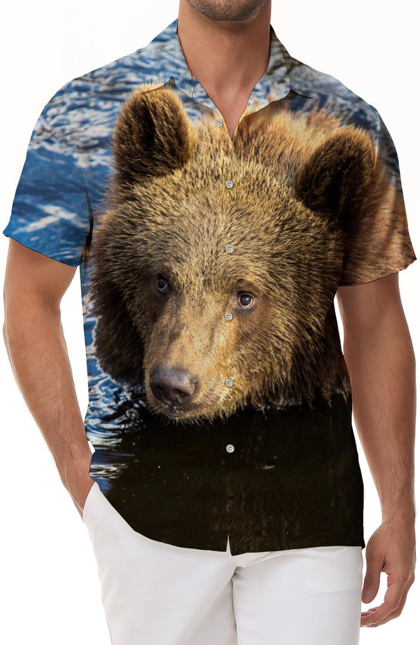 Brown Bear is still playing in the water Summer casual men's shirt Hawaiian short-sleeved shirt comfortable breathable street beach wear