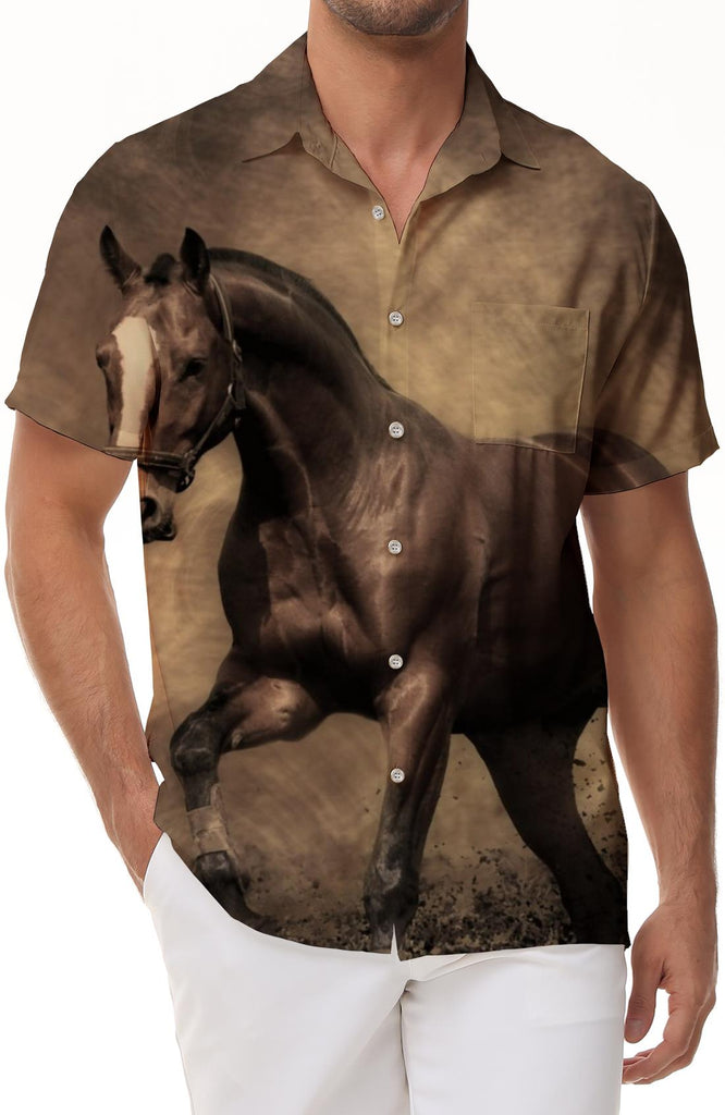 Tall and galloping brown Mustang daily street casual short-sleeved seaside play top tropical button-down lapel pocket men's casual loose