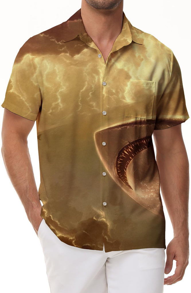 Gold Ocean Shark Hawaiian Button Pocket Lapel Fashion Short Sleeve Shirt Men Cool Casual Loose Style