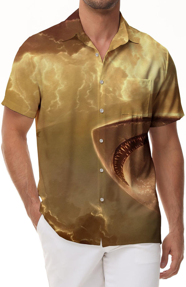 Gold Ocean Shark Hawaiian Button Pocket Lapel Fashion Short Sleeve Shirt Men Cool Casual Loose Style