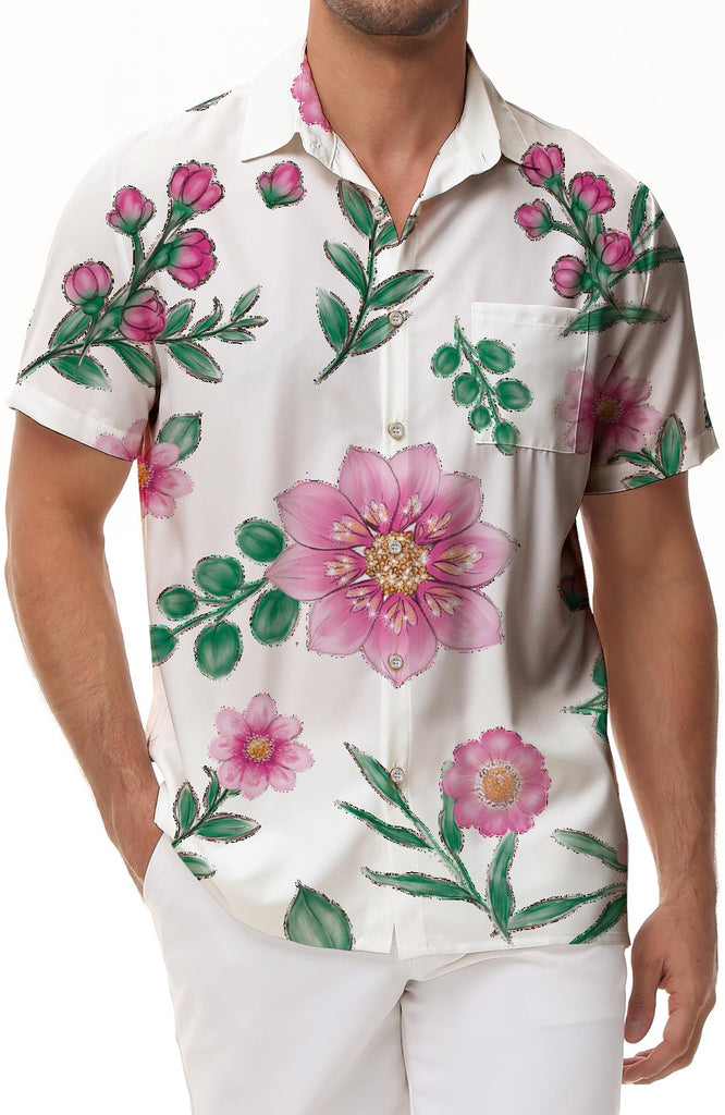 Beautiful Floral Pattern Style Loose Mens Hawaiian Shirt Short Sleeve Beach Tropical Summer Casual Button Top