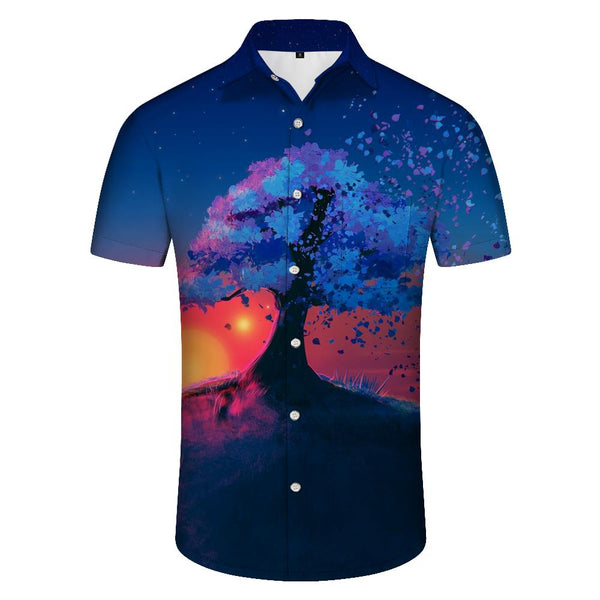 
Blue big tree dream sunset men's street trend short-sleeved men's shirt casual fashion shirt Hawaiian fashion short-sleeved design
                