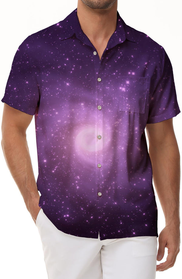 Purple Space Hawaiian Tropical Button Up Top Men's Short Sleeve Casual Button Up Beach Shirt