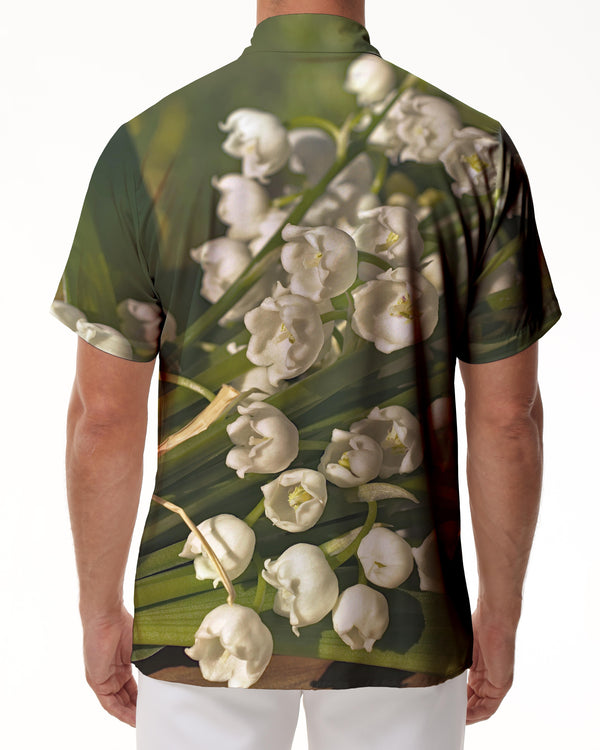 
White lily of the valley men's hip-hop fashion breathable button-down daily travel vacation beach seaside short-sleeved shirt hot wind four seasons Hawaiian short-sleeved shirt digital printing
                