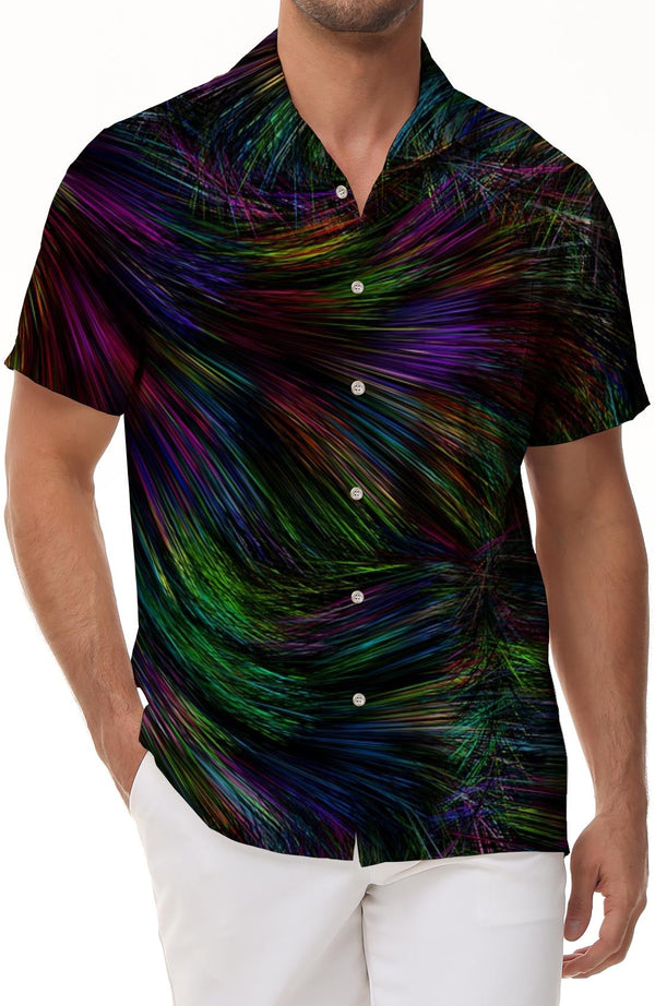 Colored line art men's polyester shirt men's short sleeve shirt button down casual shirt loose top vacation
