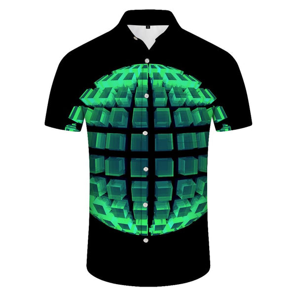 
Black abstract geometric green geometric small square short-sleeved shirt casual men's lapel 3d digital printed top
                