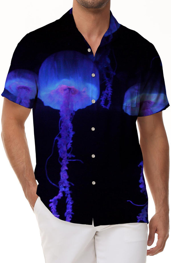 Black deep sea underwater animal jellyfish Hawaiian tropical button-down lapel pockets comfortable breathable fashion short-sleeved shirt