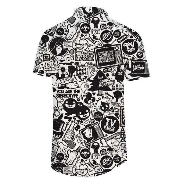 
Black and white art print pattern casual loose men's fashion button-down lapel summer vacation beach shirt short sleeves
                