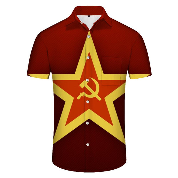 
Soviet symbol star hammer and sickle Hawaiian shirt men's lapel pocket button short sleeve shirt top
                