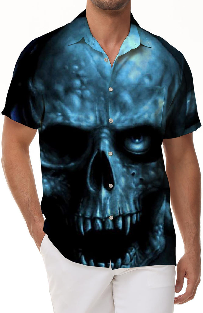 Blue Skull Print Hawaiian Button Down Lapel Shirt Beach Short Sleeve Loose Men's Button Shirt Casual