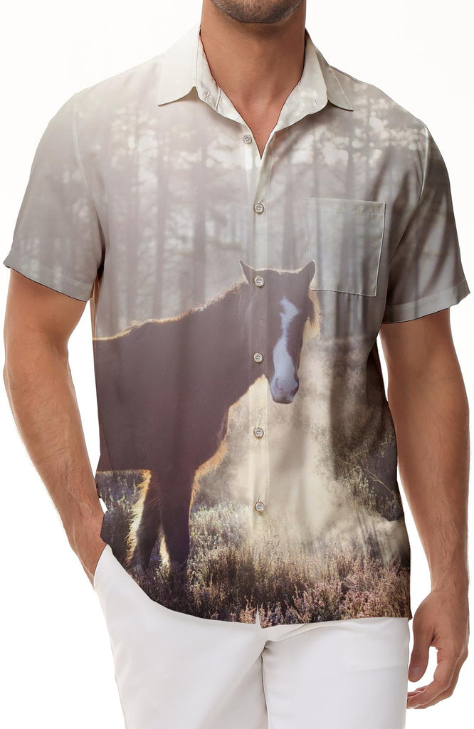 Jungle Running Horse Men's Casual Button Shirt Short Sleeve Regular Fit Shirt Beach Pocket Top