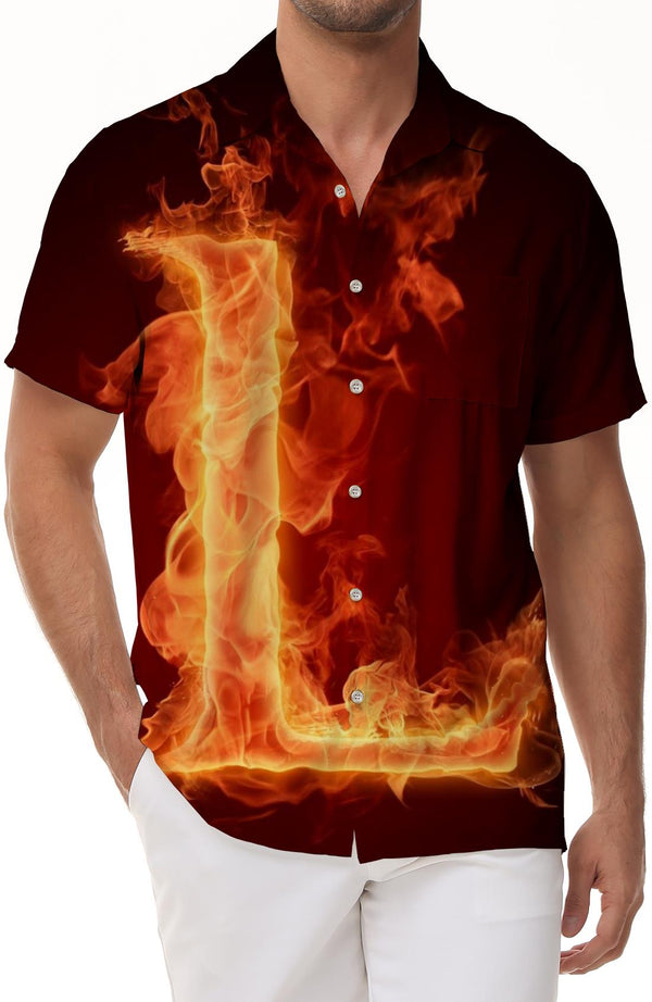 Fashion L English letter retro cool flame Hawaiian shirt beach shirt clothes men's printed short-sleeved shirt classic